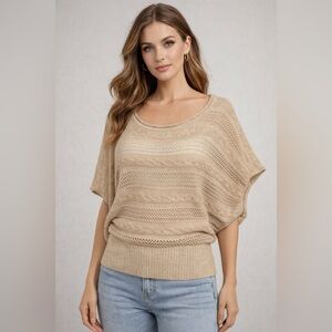 WHBM Beige Open Knit Blouse Dolman Sleeve Lightweight Sweater Top Casual Med